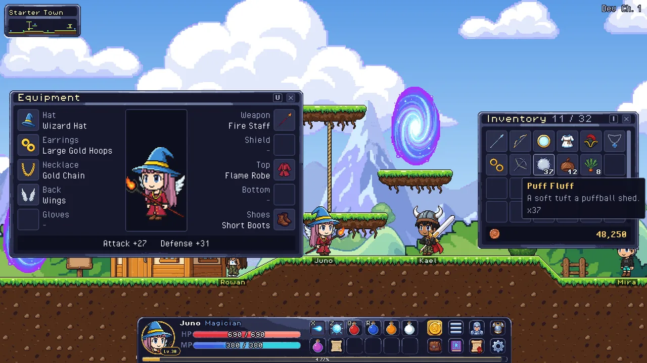 The inventory and equipment windows in IdleBound